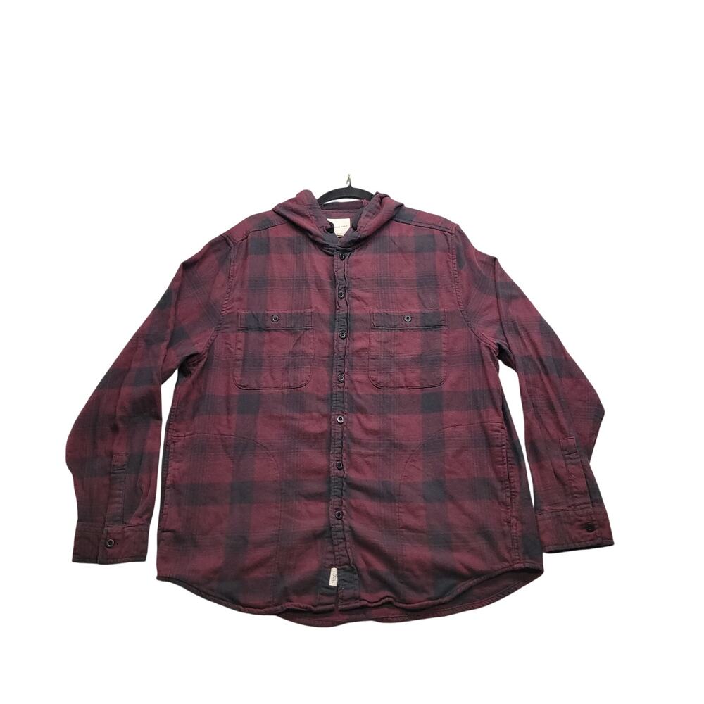 American Eagle Mens XL Flannel Hoodie Shirt Red Black Plaid Button Up Hooded